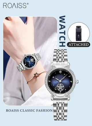 Women's Steel Band Quartz Watch, Analog Display Round Starry Sky Dial with Rhinestones Decoration, Waterproof Luxurious Wristwatch as Gift for Ladies 