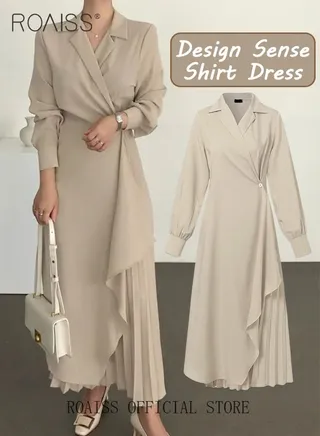 Ladies Tunic Dress Solid Color Formal Elegant Asymmetrical Pleated Design Vintage Long Suit Dress  for Women Casual Ramadan Beige 