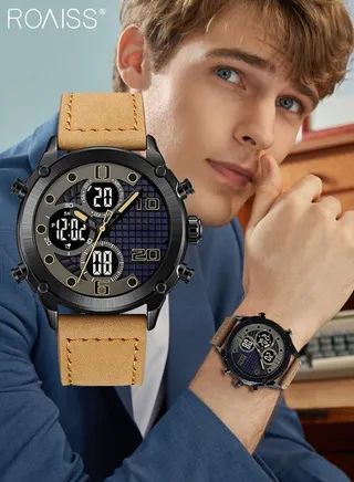 Men's Analog Digital Dual Display Sports Watch Multifunctional Waterproof Luminous Leather Strap Electronic Quartz Wristwatch with Alarm Stopwatch Backlight 12H/24H for Outdoor Activities 