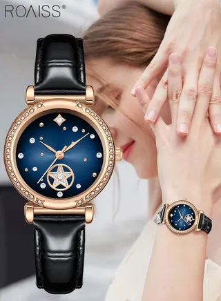 Women's Leather Strap Quartz Watch Analog Display Round Dark Blue Dial with Stars Pattern Decoration Waterproof Elegant Wristwatch as Gift for Ladies 
