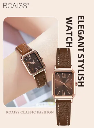 Women's Leather Strap Quartz Watch, Analog Display Rectangle Dial, Waterproof Fashionable Simple Wristwatch as Gift for Ladies, Brown 
