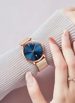 Women's Stainless Steel Mesh Strap Quartz Watch Analog Display Round Blue Dial Waterproof Elegant Wristwatch as Gift for Ladies 