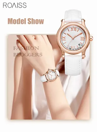 Women's Leather Strap Quartz Watch Analog Display Round Dial with 7 Sliding Crystals Decoration Waterproof Elegant Wristwatch as Gift for Ladies White 