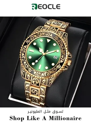 Men's Fully Automatic Waterproof Men's Watch Retro Domineering Quartz Watch Green Luminous Dial Gold Strap 