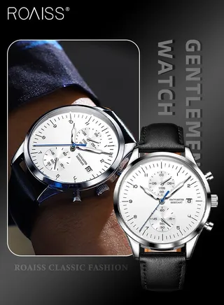 Men's Leather Strap Chronograph Quartz Watch Round White Dial with Chronograph Subdials Waterproof Luminous Wristwatch as Gift for Men 