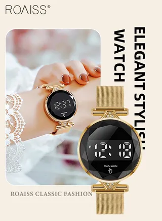 Women's LED Touch Screen Electronic Watch, Digital Display Round Dial, Multifunction Luxurious Waterproof Wristwatch as Gift for Women 