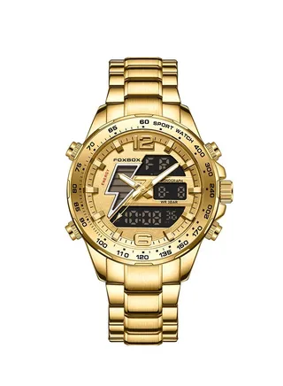 Fashion Sport Watch For Men Waterproof Military Chronograph Alarm Wristwatches Stainless Steel Strap Silver/Gold with Box 