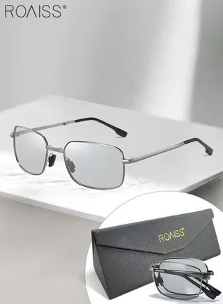 Men's Polarized Rectangular Sunglasses, UV400 Protection Sun Glasses with Silver Metal Frame, Color Changing Glasses for Men Driving, Fishing, Golfing, Traveling, 61mm 