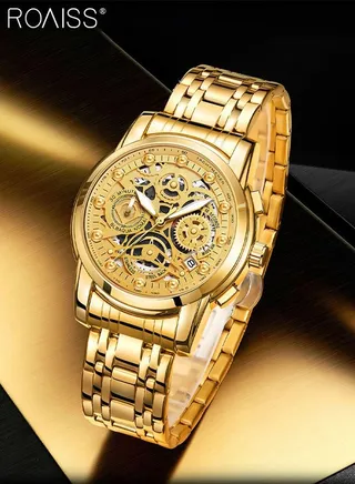Men's Stainless Steel Strap Quartz Watch, Analog Display Round Gold Dial Chronograph Watch with Hollow-carved Design, Waterproof Luminous Watch as Gift for Men 