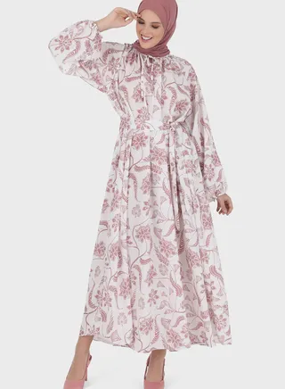 Floral Printed Balloon Flared Sleeve Dress