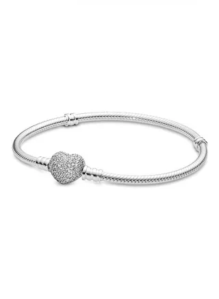 Pandora Jewelry Moments Sparkling Heart Clasp Snake Chain Charm Cubic Zirconia Bracelet in Sterling Silver 