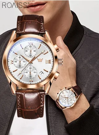 Men's Leather Strap Chronograph Quartz Watch Round White Dial with Rose Gold Bezel Waterproof Luminous Wristwatch as Gift for Men 