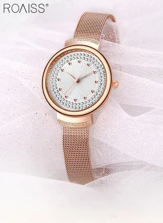 Women's Mesh Strap Quartz Watch Analog Display Round Dial with Rhinestones Decoration Waterproof Elegant Wristwatch as Gift for Women 