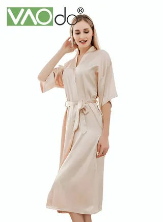 Women's Bathrobe Ice Silk Satin Cooling Nightgown Breathable Skin-friendly Bathrobe Champagne Gold 