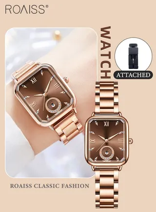 Women's Quartz Watch with Stainless Steel Strap, Analog Display Rectangle Dial with Rhinestones Decoration, Waterproof Simple Advanced Fashion Wristwatch as Gift for Ladies 