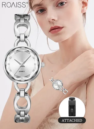Women's Skeletonized Bracelet Quartz Watch, Analog Display Round Silver Dial Watch with Rhinestones Decoration, Waterproof Elegant Watch as Gift for Women 