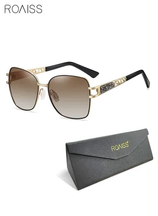 Women's Square Polarized Sunglasses UV400 Protection Sun Glasses with Gold Metal Frame Decorated with Rhinestones for Women with Glasses Case 