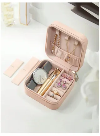 1pc Portable Mini Jewelry Storage Box Travel Organizer Leather, Earrings,Necklace, Rings Storage Case Pink Color 
