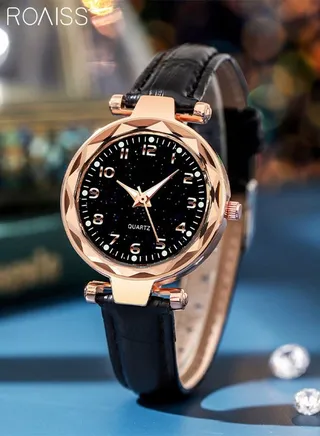 Women's Leather Strap Quartz Watch, Analog Display Round Black Dial Watch with Starry Sky Pattern, Waterproof Watch as Gift for Women, Black 
