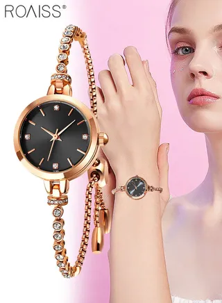 Women's Bracelet Quartz Watch with Analog Display Round Black Dial and Rhinestones Decorated Strap Waterproof Elegant Wristwatch as Gift for Ladies 