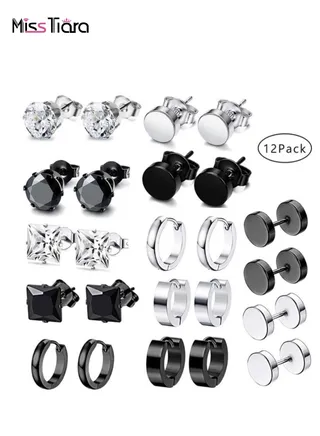 12 Pairs Stainless Steel Stud Earrings Set for Men and Women Unisex 