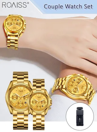 Alloy Strap Couple Quartz Watch Set, Analog Display Round Dial with Three Subdials Decoration, Luxurious Luminous Waterproof Calendar Watch Gift for Men Women, Gold 