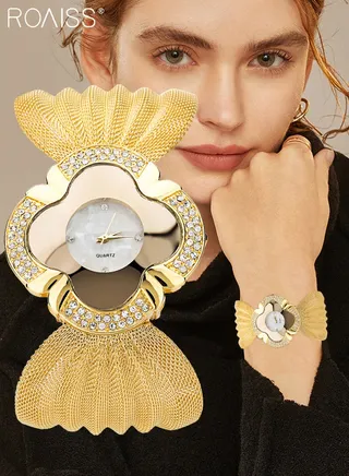 Women's Unique Bracelet Quartz Watch Analog Display Petal Shape Dial with Rhinestones Decoration Mesh Strap Luxurious Wristwatch as Gift for Ladies 