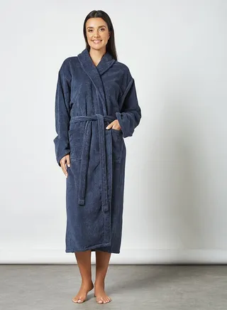 Luxury Bathrobe - 350 GSM 100% Cotton Velvet Feel - Ultra Soft - Shawl Collar & Pocket - Blue Color - 1 Piece Navy Blue L/XL 