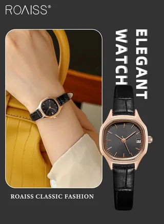 Women's Leather Strap Quartz Watch Analog Display Square Black Dial with Gold Bezel Waterproof Elegant Wristwatch as Gift for Ladies 