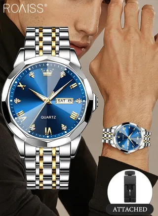 Men's Stainless Steel Strap Quartz Watch Analog Display Round Blue Dial with Rhombic Coated Glass Mirror Waterproof Luminous Wristwatch as Gift for Men 