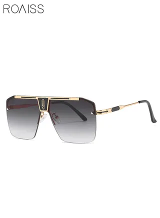Men's Semi-Rimless Big Square Sunglasses, UV400 Protection Glasses, Gold Fashion Glasses for Travel, Shopping, Party, Photo Shoot, 64mm, Gradient Gray Lens 
