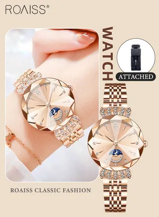 Women's Steel Band Quartz Watch, Analog Display Round Dial with Diamond Decoration with Moon Phase Display, Waterproof Elegant Wristwatch as Gift for Ladies 