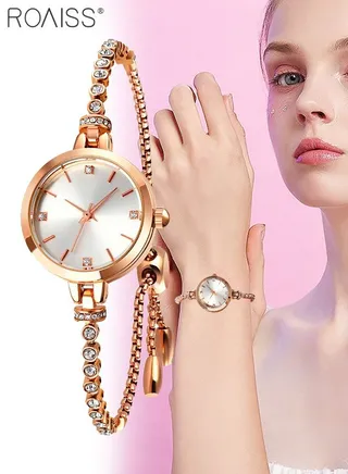 Women's Bracelet Quartz Watch with Analog Display Round Silver Dial and Rhinestones Decorated Strap Waterproof Elegant Wristwatch as Gift for Ladies 