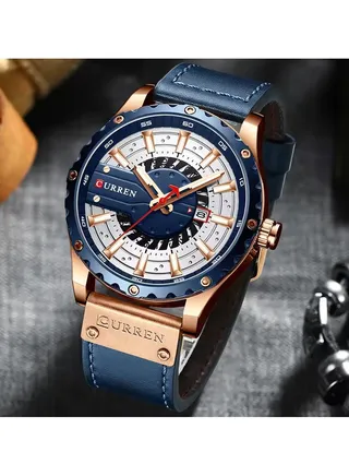 CURREN Quartz Wrist Watch Luminous Leather Strap Hands Military Mens Watches Waterproof 8374 Blue 