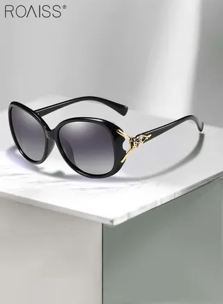 Women's Polarized Oval Sunglasses UV400 Protection Sun Glasses with Black Frame Decorated with Fox Pattern Fashion Anti-glare Sun Shades with Glasses Case 58mm 