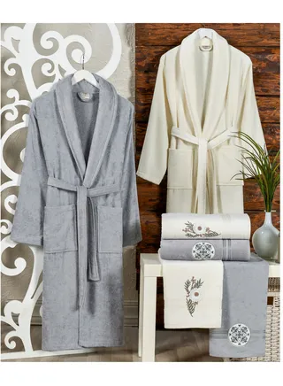6-Piece Turkish Velour Cotton Family Bathrobe Set with Matching Bath Towels and Hand Towels Grey/Ivory 