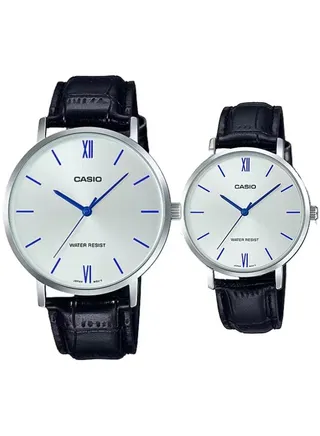 Enticer Silver Dial And Black Leather Strap Analog Couple Watch MTP/LTP-VT01L-7B1 