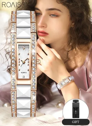 Women's Ceramic Strap Quartz Watch Analog Display Rectangle White Dial Decorated with Rhinestones Waterproof Luxurious Wristwatch as Gift for Ladies 