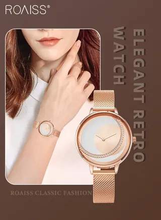 Women's Mesh Strap Quartz Watch, Analog Display Round Dial Watch with Color Block Texture, Waterproof Elegant Watch as Gift for Women 