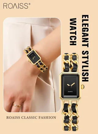 Women's Chain Braided Strap Quartz Watch Analog Display Rectangle Dial Waterproof Elegant Wristwatch as Gift for Ladies, Black Gold 