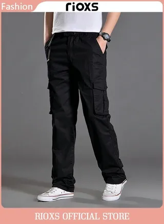 Men's Cargo Pants Elastic Waist Drawstring Trousers Full Length Breathable Pants With Multi Pockets 