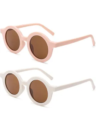 Kids Sunglasses, Retro Lovely Round Sunglasses for Kids Girls Boys Sunnies UV400 Protection Sun Glasses, Flexible Frame for Girls Boys Age 2-10 Morandi Sunglasses Fashion Beach Holiday (Pink+White) 