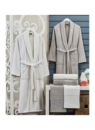 6-Piece Turkish Terry Cotton Jacquard Family Bathrobe Set 420 GSM with Matching Bath Towels and Hand Towels in Gift Box Grey/Off White 