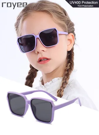 Children Square Sunglasses with Strap Polarized Flexible UV400 for Infant Toddler Boys Girls Age 3-12 Years old-Purple Frame 