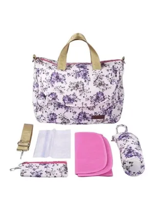 Goolsky Multifunctional Floral Print Travel Nappy Bag Simple Shape With Bottle Bag And Shoulder Strap 