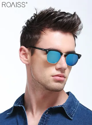 Polarized Oval Sunglasses for Men Women, UV400 Protection Sun Glasses with Metal Frame, Fashion Anti-Glare Sun Shades for Driving Fishing Traveling Cycling, Blue, 50mm 