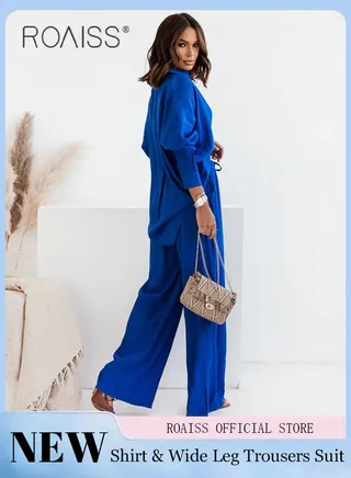 Ladies Comfortable Cotton Linen 2 Piece Suit for Daily Commute - Shirt and Wide Leg Pants Set with Simple Loose Fit Design for Leisure 