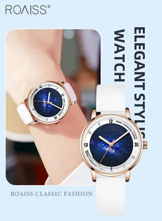 Women's Silicone Strap Quartz Watch, Analog Display Round Starry Sky Dial, Waterproof Luminous Simple WristWatch as Gift for Ladies 