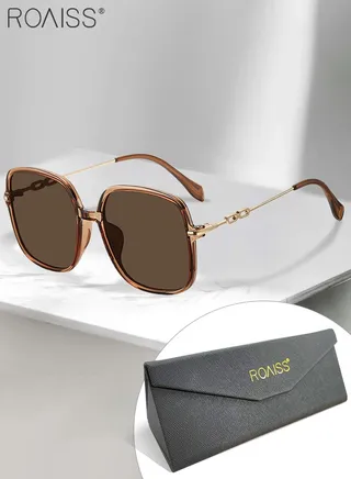 Women's Square Sunglasses, UV400 Protection Sun Glasses with Gold Metal Temples, Oversize Fashion Anti-glare Sun Shades for Women with Glasses Case, 54mm, Brown 