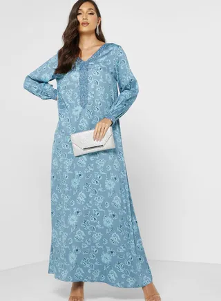 Embroidered Floral Printed Jalabiya 